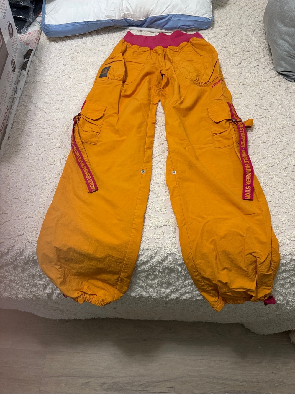 Ladies Orange Cargo Tech Pants with Pink Waistband